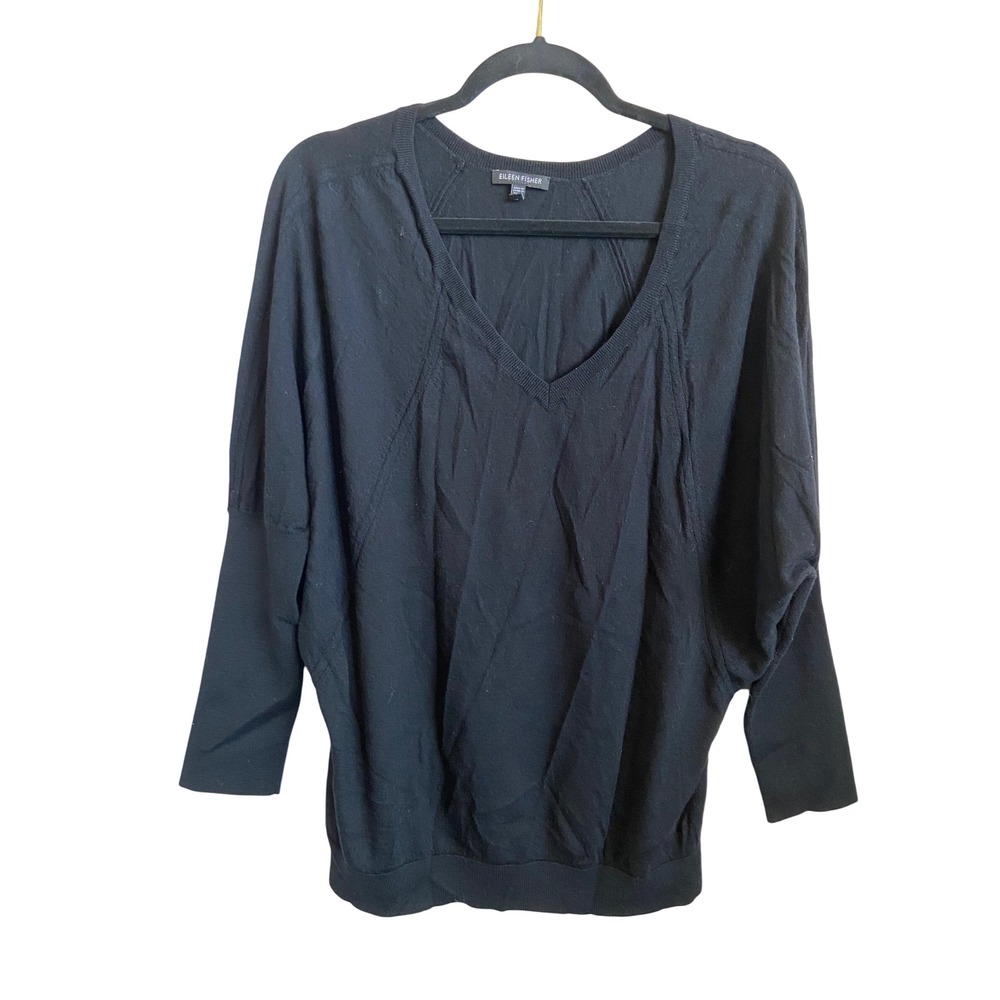 Eileen Fisher XL Black Merino Wool V-Neck Dolman Sleeve Italian Yarn Sweater